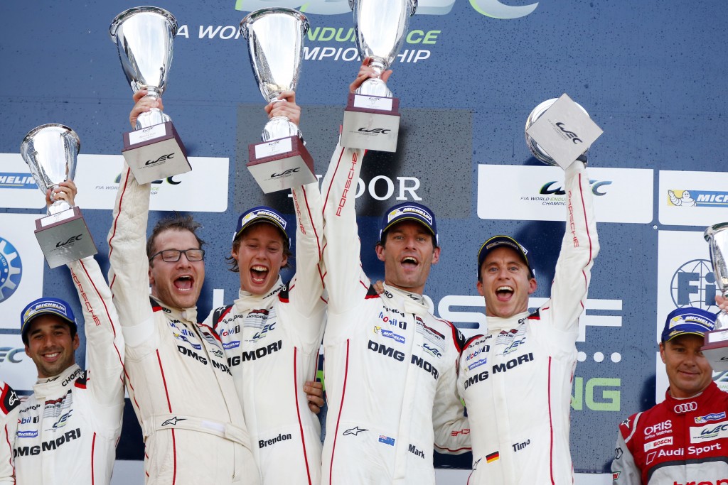 Andreas Seidl, Teamchef Porsche Team, Brendon Hartley, Mark Webber, Timo Bernhard (l-r)